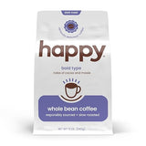 happy coffee bold type dark roast whole bean coffee, 12 oz., notes of cocoa & moxie, responsibly grown & harvested in Africa and South America.