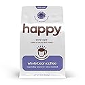 happy coffee bold type dark roast whole bean coffee, 12 oz., notes of cocoa & moxie, responsibly grown & harvested in Africa and South America.