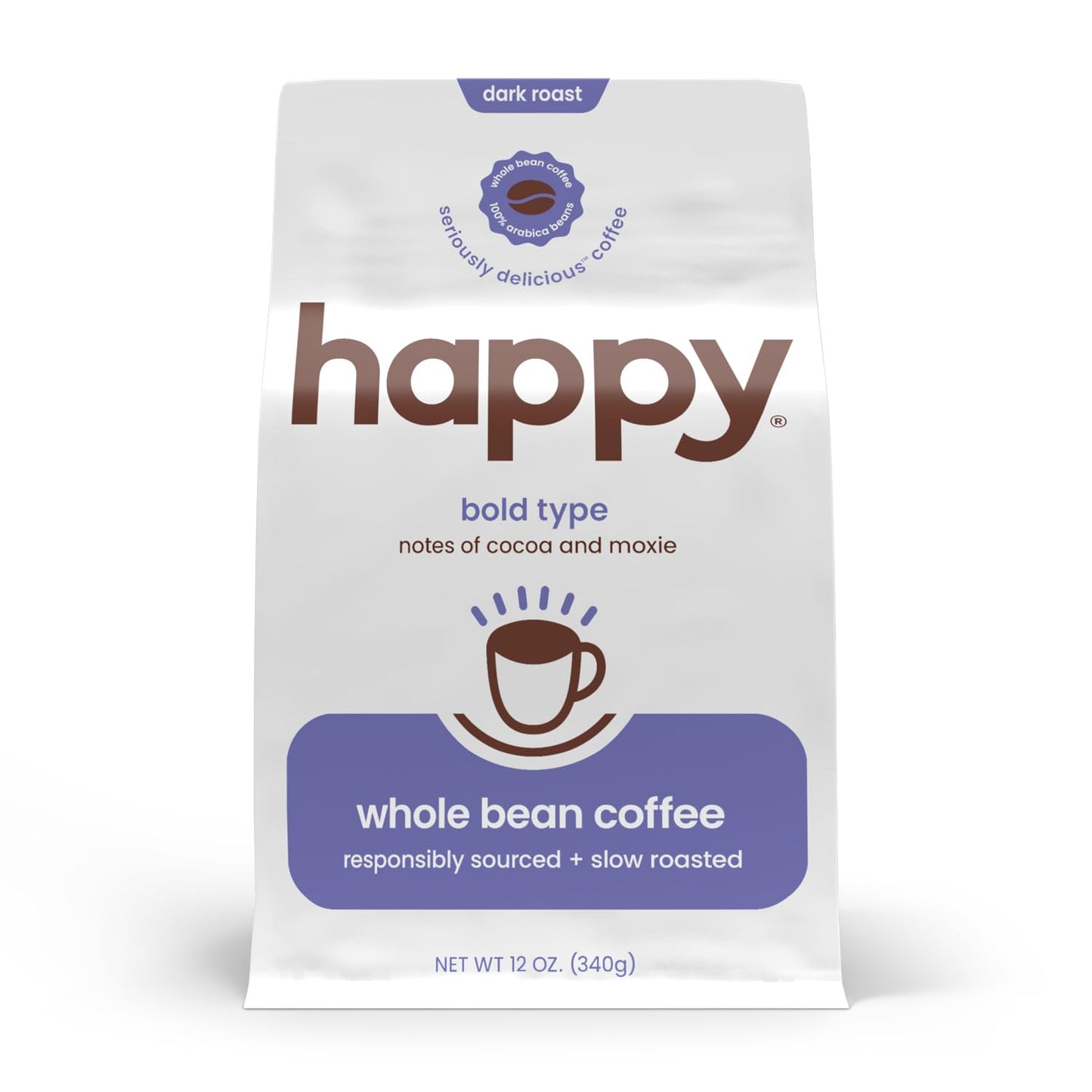 happy coffee bold type dark roast whole bean coffee, 12 oz., notes of cocoa & moxie, responsibly grown & harvested in Africa and South America.