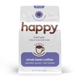 happy coffee bold type dark roast whole bean coffee, 12 oz., notes of cocoa & moxie, responsibly grown & harvested in Africa and South America.