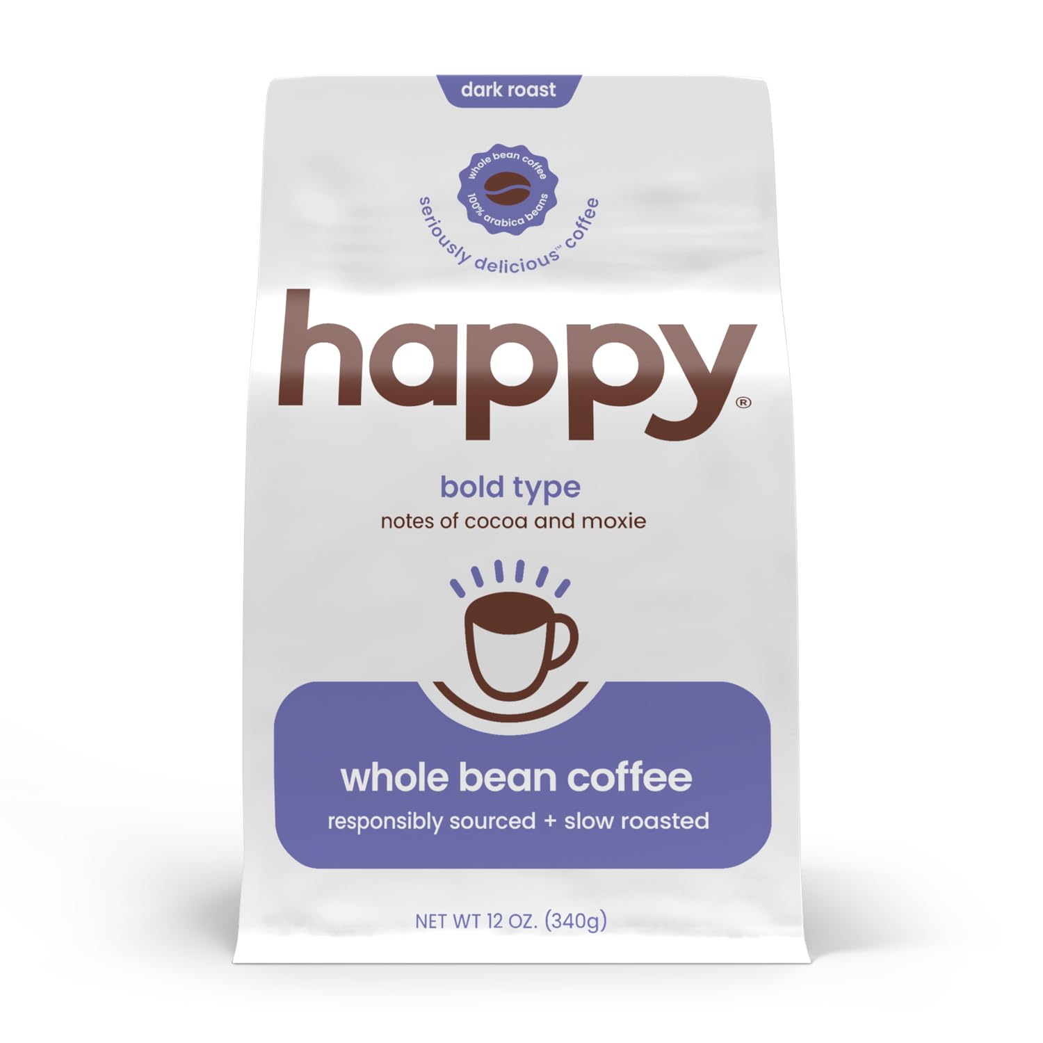 happy coffee bold type dark roast whole bean coffee, 12 oz., notes of cocoa & moxie, responsibly grown & harvested in Africa and South America.
