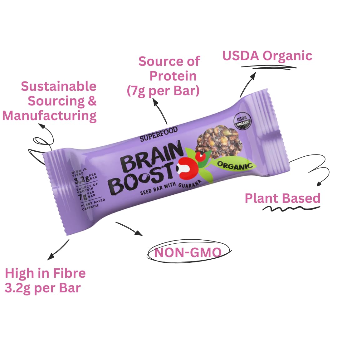 Brain Boost Caffeinated Seed Bars | Natural Energy & Focus | Rich Cocoa with Guarana | Vegan, High-Fiber Snack | 24-Pack