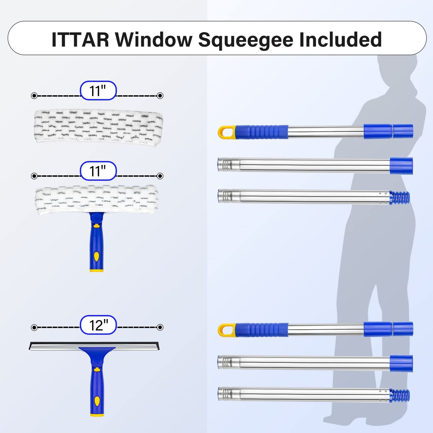 ITTAR Window Squeegee with 2 Sets Stainless Steel Pole, Squeegee Cleaning Tools with Microfiber Pads, 60"-72" Telescopic Window Washing Kit