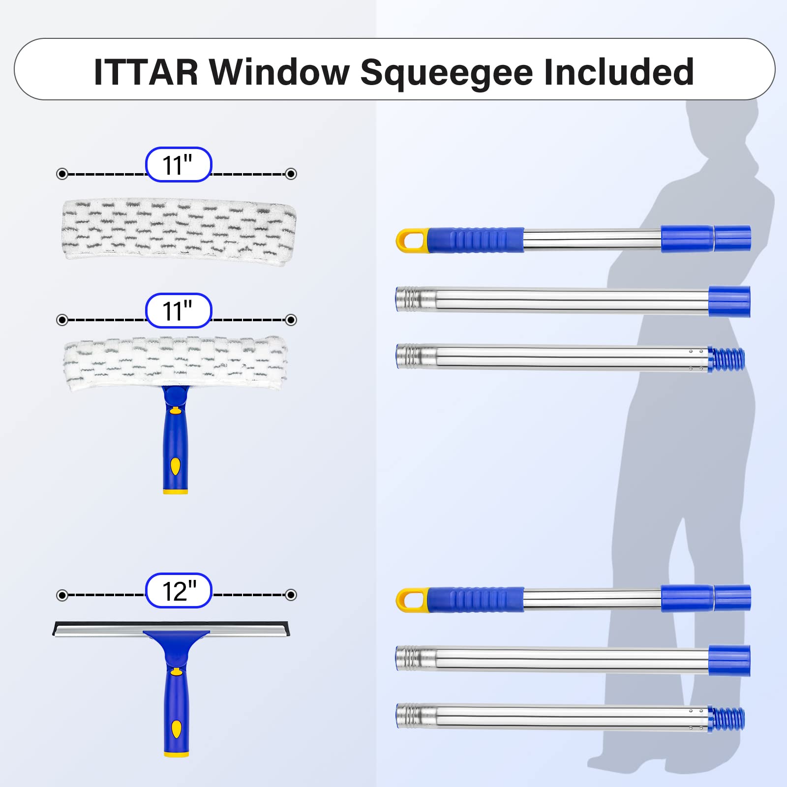 ITTAR Window Squeegee with 2 Sets Stainless Steel Pole, Squeegee Cleaning Tools with Microfiber Pads, 60"-72" Telescopic Window Washing Kit
