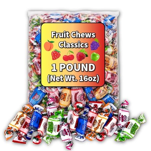 Soft Chewy Fruity Chews Candy - 1 Pound Bulk Bag - Individually Wrapped Assorted Fruit Candy - 6 Flavors: Peach, Strawberry, Cherry, Grape, Green