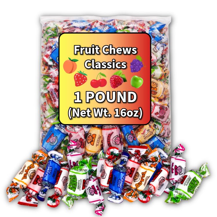 Soft Chewy Fruity Chews Candy - 1 Pound Bulk Bag - Individually Wrapped Assorted Fruit Candy - 6 Flavors: Peach, Strawberry, Cherry, Grape, Green