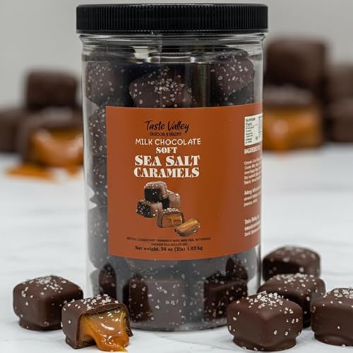 Taste Valley Dark Chocolate Sea Salt Caramels - 36 oz Bulk Resealable Jar - Soft & Chewy Gourmet Candy - Rich & Decadent Treats for Holidays, Gifts