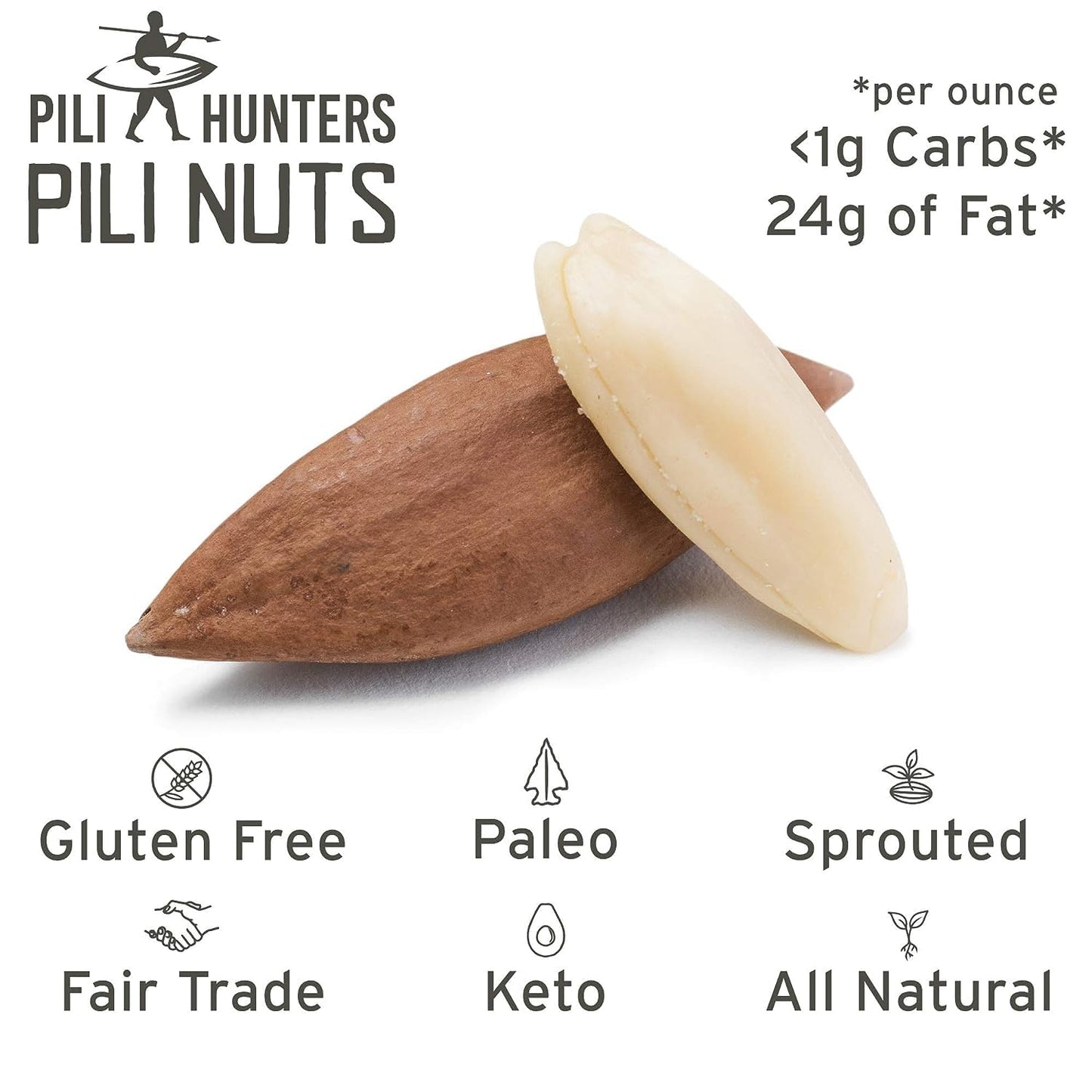 Pili Hunters - Wild Sprouted Pili Nuts, Natural Unsalted Plain (1 lb Bag) Keto/Paleo/Vegan Snacks, Low Carb Energy, Gluten Free, No Sugar Added