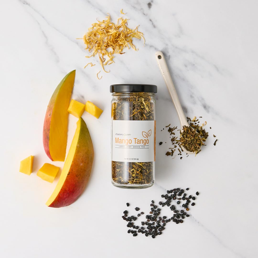 Caffeine Free Mango Loose Leaf Green Tea, Decaffeinated Pure Natural Herbal Tea Blend with Elderberry and Calendula (2 ounce)