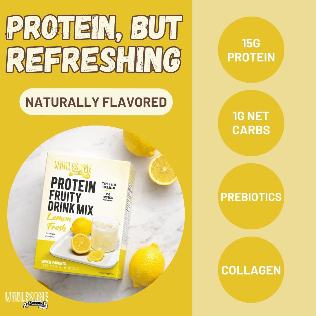 Protein Fruit Drink Mix, 15g Clear Protein, Low Sugar, Collagen + Prebiotics, No Artificial Colors or Dyes, Refreshing by Wholesome Provisions (Pack