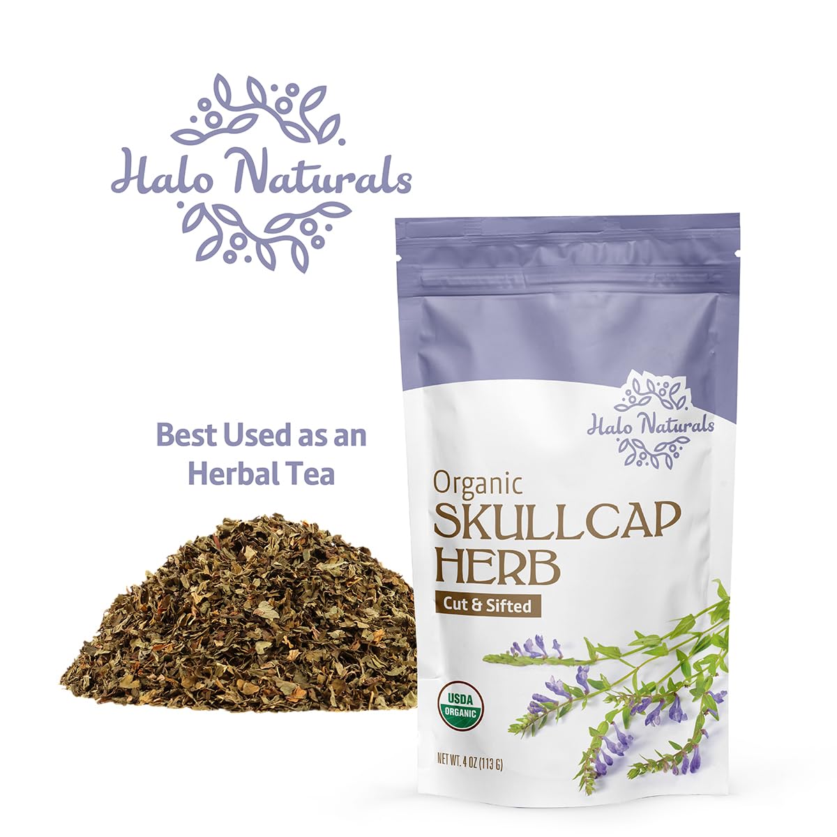 Halo Naturals Organic Skullcap Herb Cut & Sift, 4 Ounces (Scutellaria lateriflora) USDA Certified | Resealable Pouch| Packaged in The USA (Pack of 1)