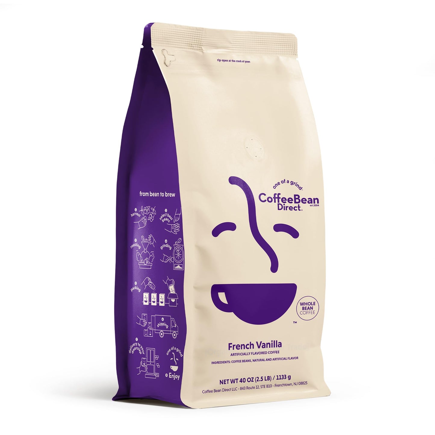 Coffee Bean Direct French Vanilla Flavored, Whole Bean Coffee, Rich Vanilla Taste, Light Roast, 2.5 Pound Bag (Pack of 1)