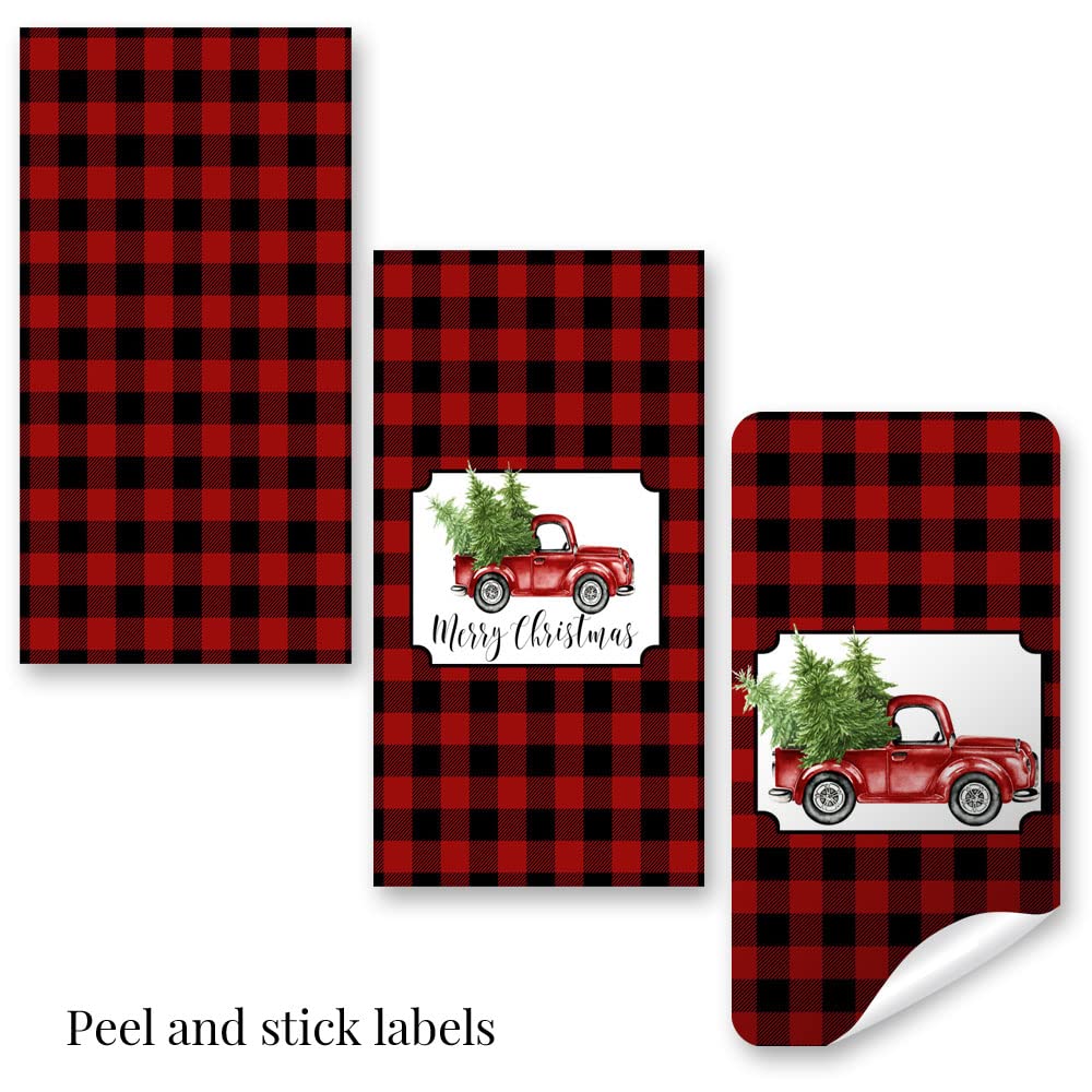 Red Buffalo Plaid Christmas Truck Miniature Chocolate Candy Bar Sticker Wrappers, 45 Wrap Around Labels Sized 1.4" x 2.6" by AmandaCreation, Great
