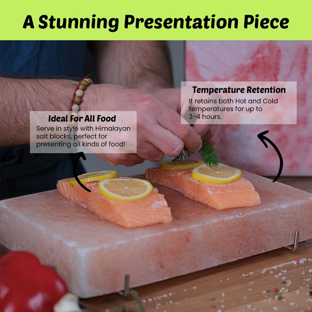Himalayan Salt Block Cooking Plate 12x8x1.5 for Cooking, Grilling, Cutting and Serving, with Steel Tray & Recipe booklet Unique Gifts for Men, Women