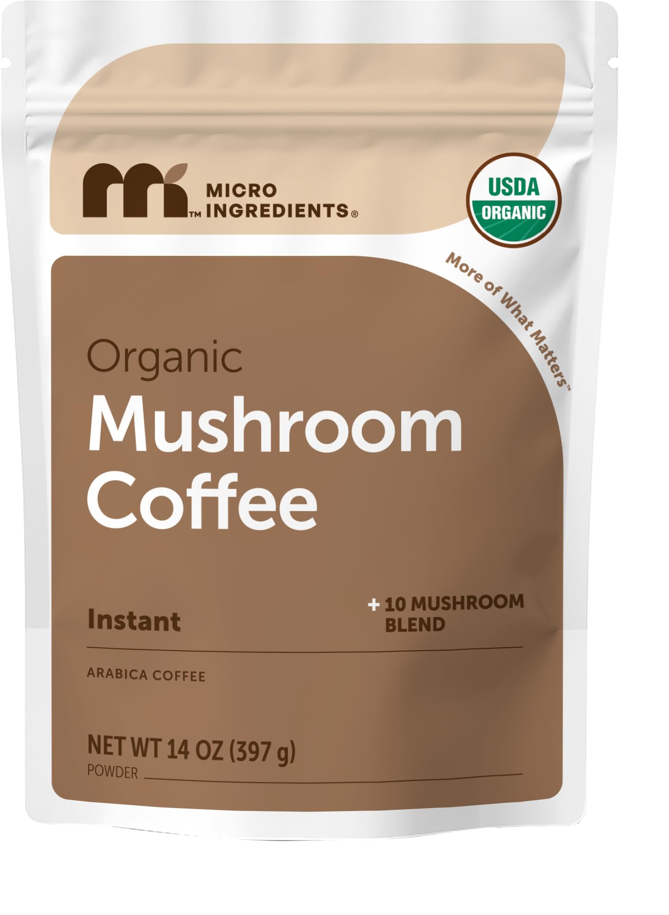 Organic Instant Mushroom Coffee, 14 oz | Medium Roast Arabica | 10-Mushroom Blend with Lion’s Mane, Reishi, Chaga, & More | Certified Organic |