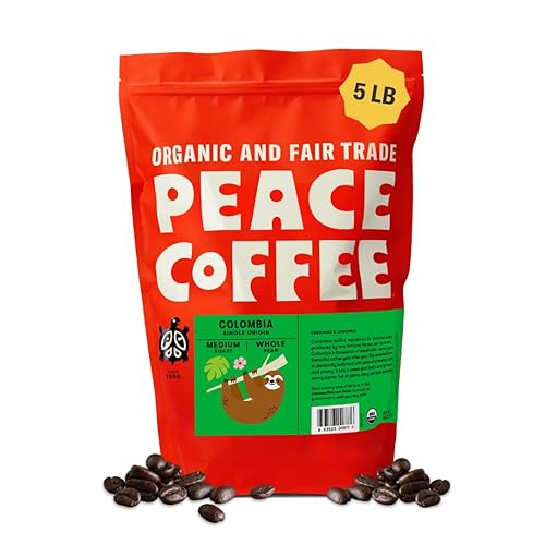 Peace Coffee Colombia Single Origin Medium Roast Whole Bean Coffee, 5 lb, Organic Fair Trade, Crisp, Mild Flavor, Shade Grown, Fresh Roasted