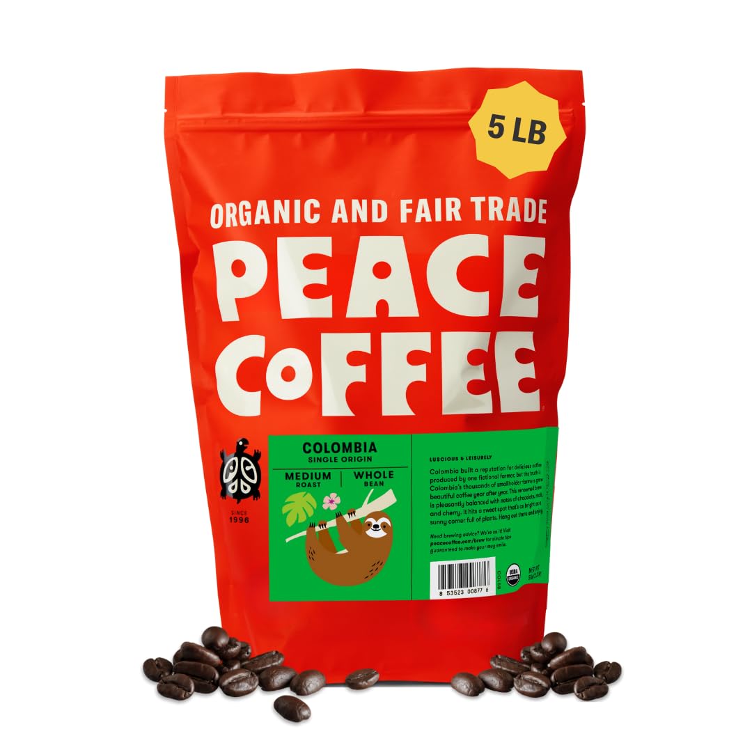 Peace Coffee Colombia Single Origin Medium Roast Whole Bean Coffee, 5 lb, Organic Fair Trade, Crisp, Mild Flavor, Shade Grown, Fresh Roasted