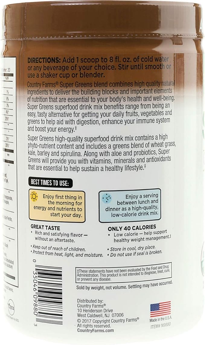 Country Farms Super Green Drink Mix, Delicious Chocolate Flavor 10.6 Ounces Each (7)
