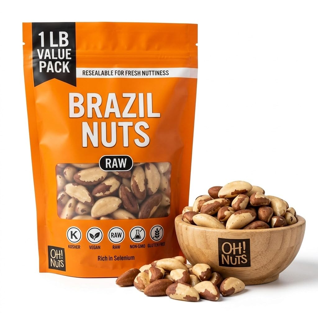 Oh! Nuts Brazil Nuts, Raw, Unsalted, No Shell, Whole - 1 lb in Resealable Bag - 100% Natural Nuts, Rich in Selenium - Vegan, Kosher, Gluten-Free Snack
