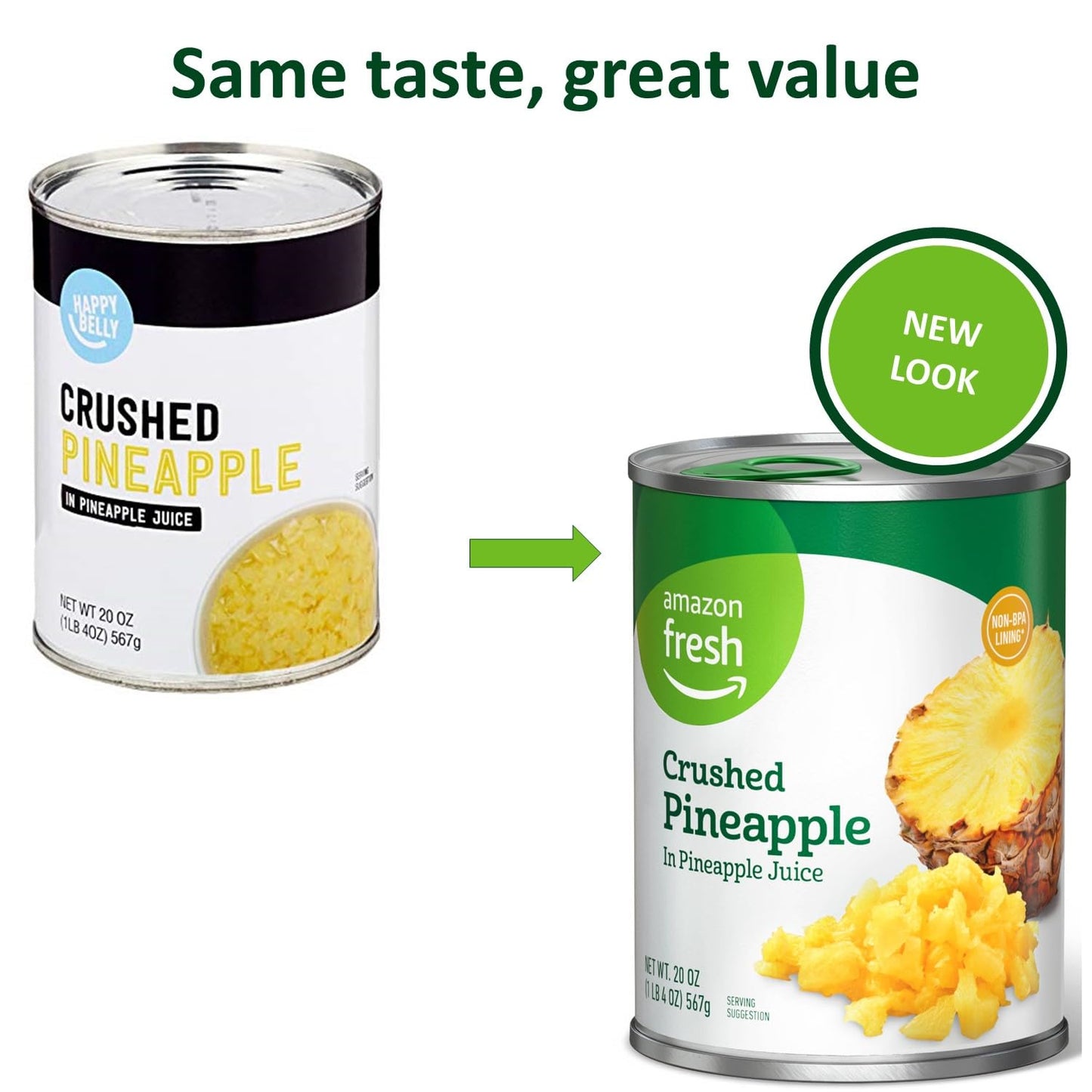 Amazon Fresh - Canned Crushed Pineapple in Pineapple Juice, 20 oz (Previously Happy Belly, Packaging May Vary)