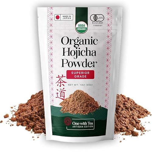 One With Tea Organic Hojicha Powder, Roasted Japanese Green Tea Powder, Stone Ground, Low Caffeine, Smooth & Toasty Flavor, Made in Japan, 1 oz (30g)