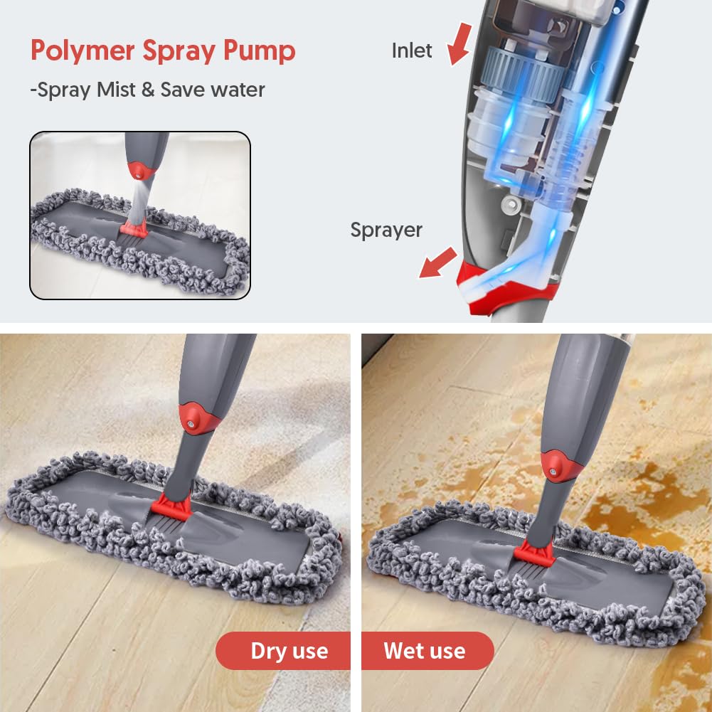 Microfibre Spray Floor Mops for Floor Cleaning, Domi-Patrol Cleaning Mops for Hardwood Laminate Tiles Floors, Dry Wet Mop Dust Mops with 3 Mop Heads