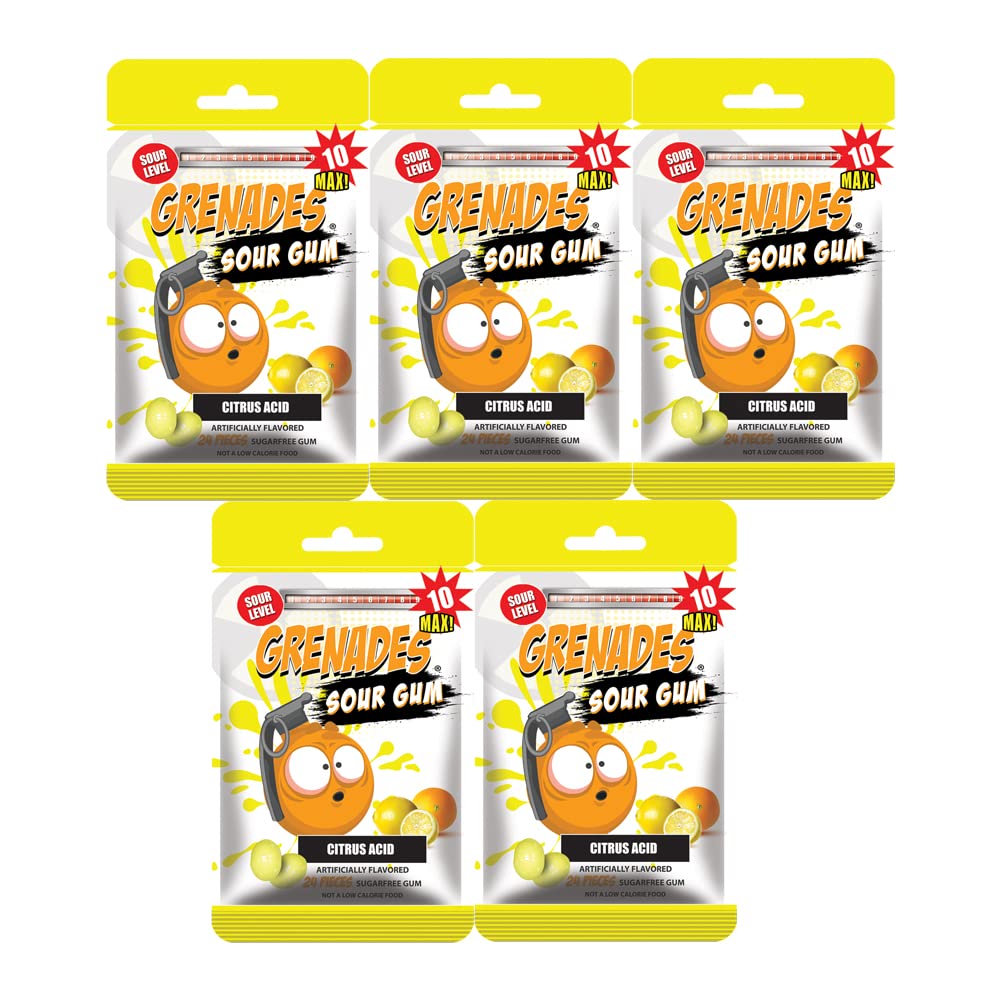 Grenades Gum SOURS - Intense Sour Power Sugar-Free Chewing Gum - SOUR GUM Variety Pack of 5 (120 Pieces) - CITRUS ACID Flavor