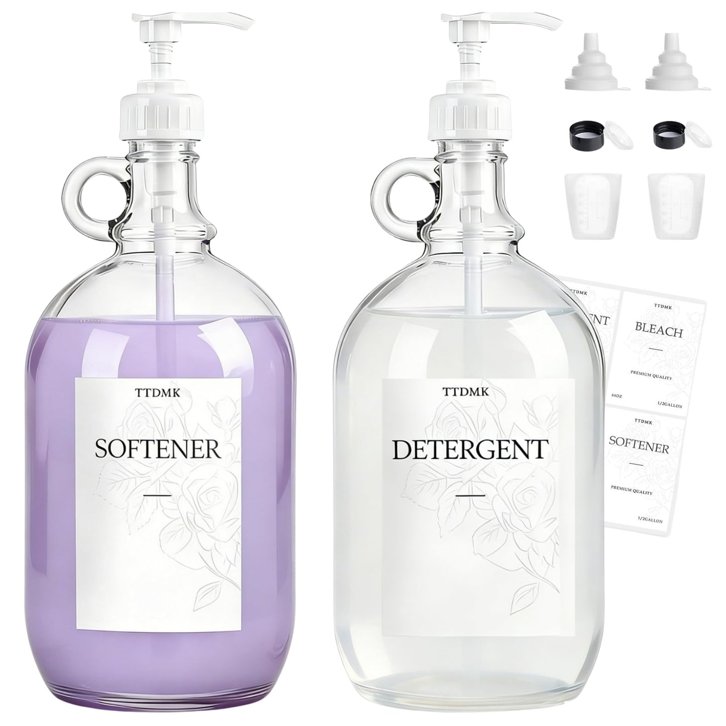 2 Pcs Glass Liquid Laundry Detergent Dispenser, Half Gallon Laundry Soap Dispenser for Laundry Room (64 oz. Each), Laundry Detergent Bottles with Pump