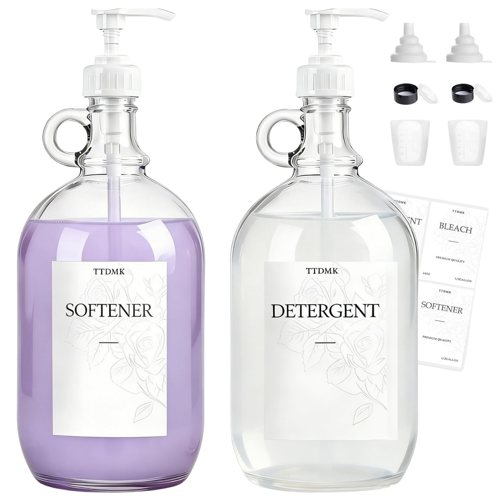 2 Pcs Glass Liquid Laundry Detergent Dispenser, Half Gallon Laundry Soap Dispenser for Laundry Room (64 oz. Each), Laundry Detergent Bottles with Pump