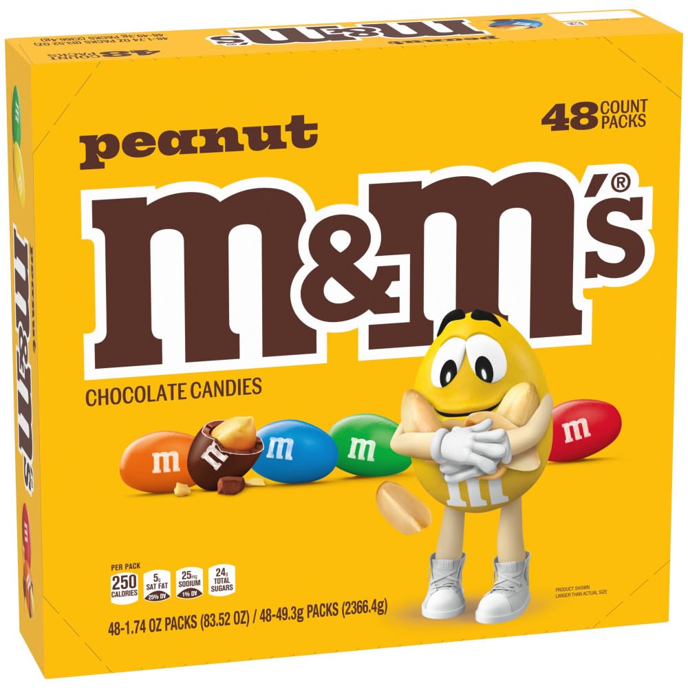 M&M'S Peanut Chocolate Candy, Individually Wrapped Full Size 1.74 oz Bag, Pack of 48 Bulk Candy Chocolate for Parties, Baking and Sharing