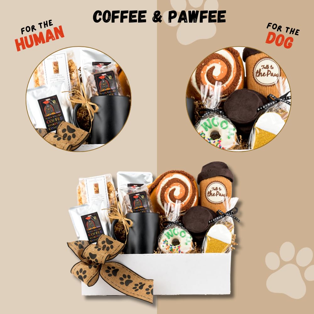 Gift Basket For Dog and Dog Owners, Coffee Lovers, Gourmet Coffee, Nuts, Popcorn, and Dog Treats and Toys, Holiday Gift, Lucca the Napa Dog