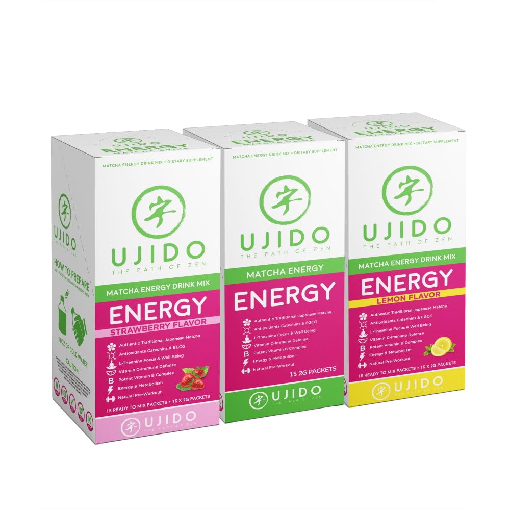 Ujido Matcha Energy Packets, Lemon Flavor, Sugar-Free, Monkfruit, Non-GMO, Antioxidant, Keto & Vegan, 2g x 15 Count