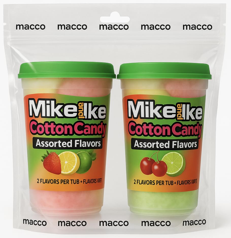 Mike and Ike Cotton Candy TUB -Cherry, Strawberry and Lwmon Lime Swirl, Birthday Party Favor Supplies, 3 Ounces (Pack of 2 TUBS)