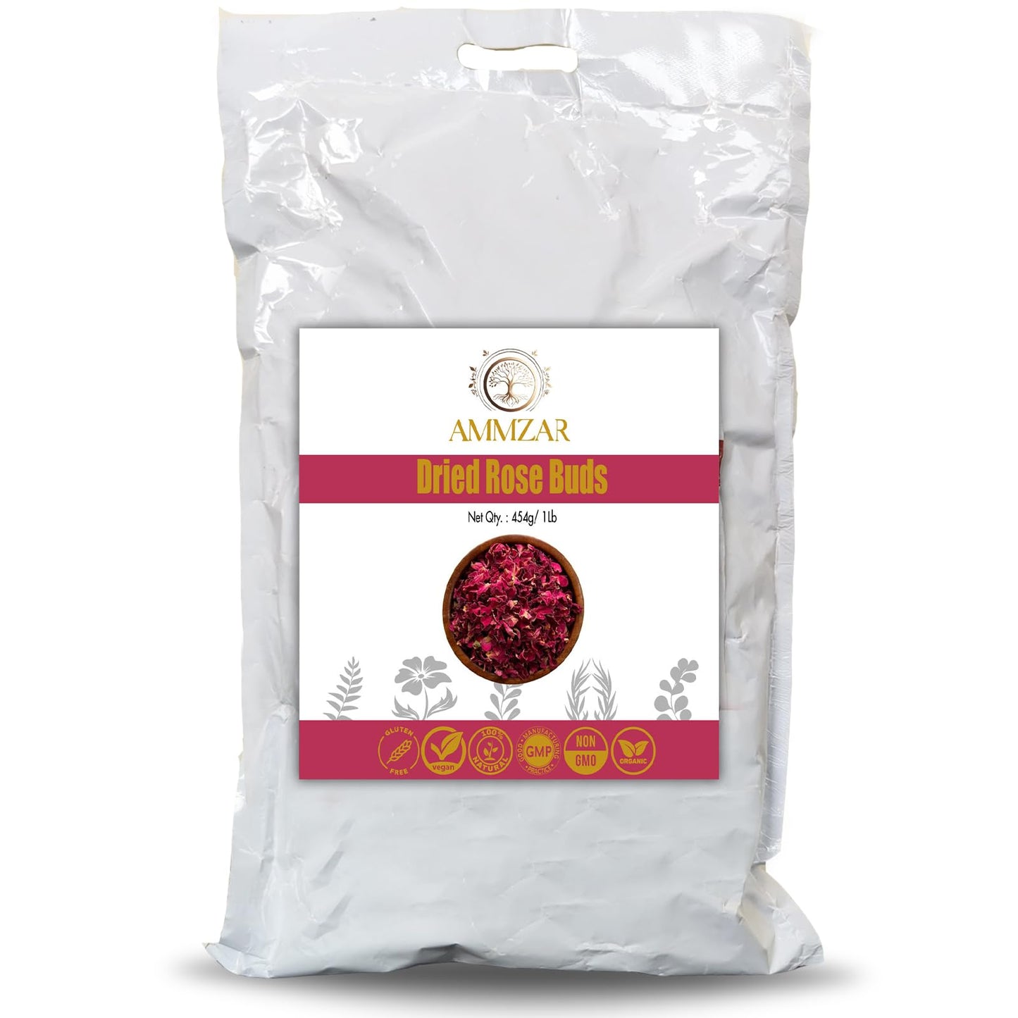 Ammzar Sun-Dried Rose Petals & Dried Rose Buds Whole In Pouch - Fragrant & Rich in Color, Ideal for Culinary & Aromatic Uses Food Grade Edible Flowers