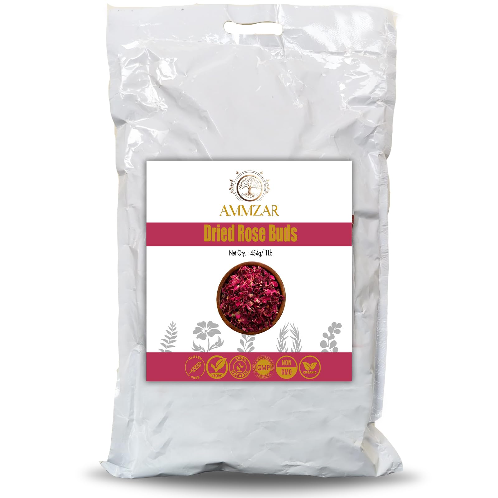 Ammzar Sun-Dried Rose Petals & Dried Rose Buds Whole In Pouch - Fragrant & Rich in Color, Ideal for Culinary & Aromatic Uses Food Grade Edible Flowers
