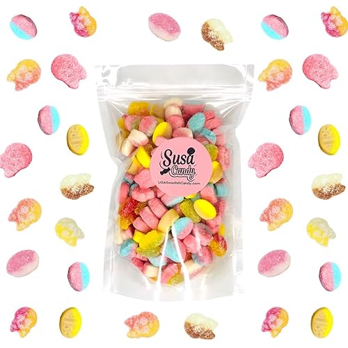 Susa Candy Swedish Mini Mix - 1/2 lb Vegan & Gelatin Free Sweet & Sour Gummies | Assorted Skulls & Ovals | Banana-Toffee, Raspberry-Blueberry, Cola