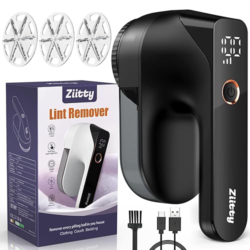 Fabric Shaver - Ziitty Lint Remover for Clothes, Sweater Defuzzer with LCD Display, 3-Speeds, 6-Blade, Type-C Rechargeable, Sweater Shaver to Remove