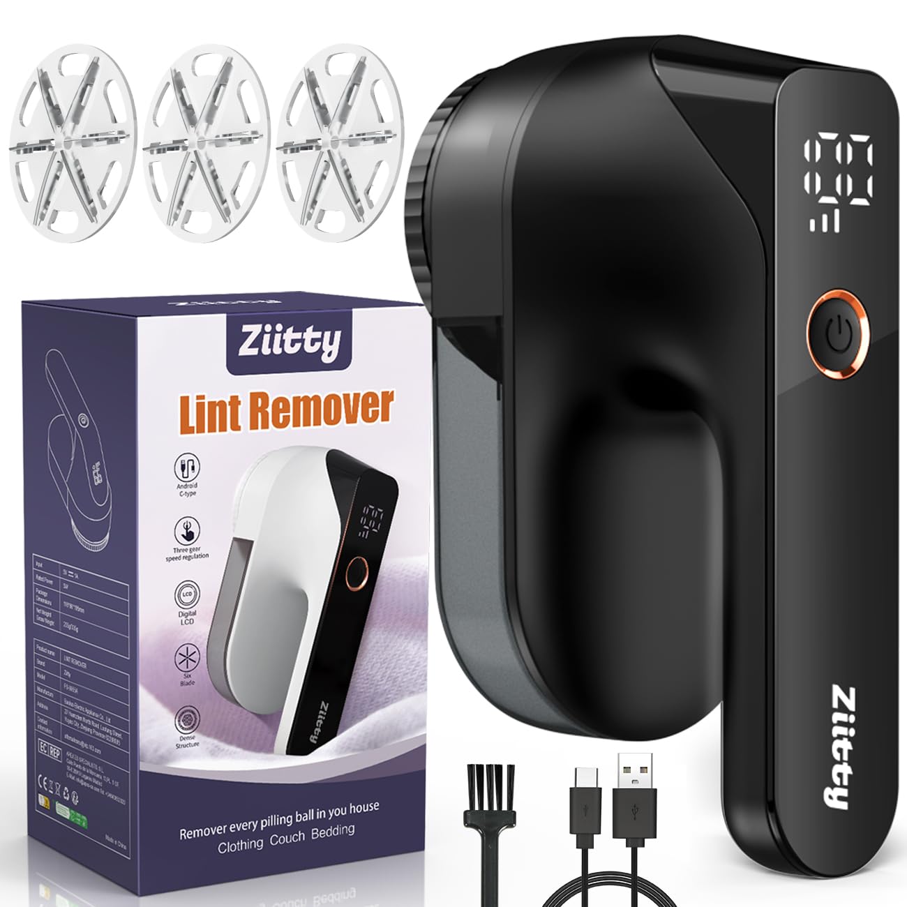 Fabric Shaver - Ziitty Lint Remover for Clothes, Sweater Defuzzer with LCD Display, 3-Speeds, 6-Blade, Type-C Rechargeable, Sweater Shaver to Remove
