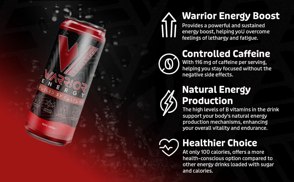Warrior Energy Drink Regular Sugar - Fuel Your Day with our Low-Calorie, High-Energy Boost, Packed with B-Vitamins, Balanced Caffeine & Unique Taste