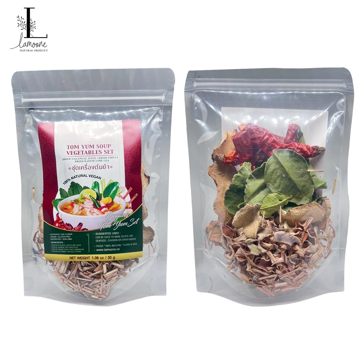 Lamoone Thai Tom Yum & Tom Kha Soup Spice Mix, Authentic Thai Herbs & Chili, Lemongrass Galangal Lime Leaves, 30g (1.06 oz), Makes 2-4 Servings