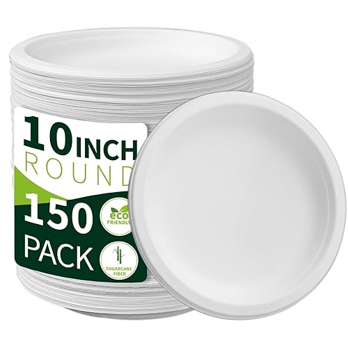10 Inch Compostable Paper Plates?White 150 Pack?, 100% Sugarcane Bagasse Large Disposable Plates, Sturdy Heavy Duty, Biodegradable Dinnerware