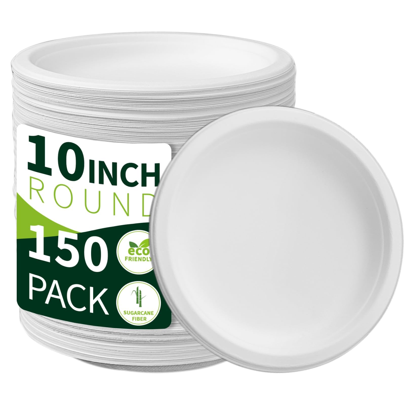 10 Inch Compostable Paper Plates?White 150 Pack?, 100% Sugarcane Bagasse Large Disposable Plates, Sturdy Heavy Duty, Biodegradable Dinnerware