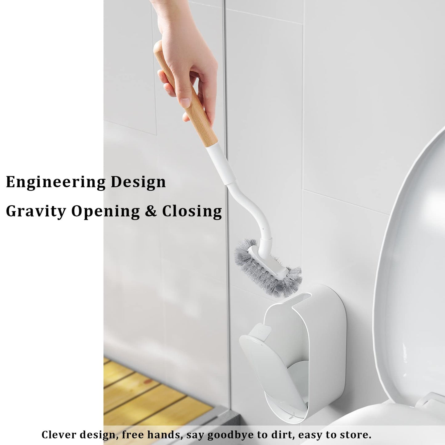 ERGONOW Toilet Brush and Holder with Lid Set, Curved Design Angled Toilet Bowl Brush Scrubber, Durable Bristles for Bathroom Cleaning