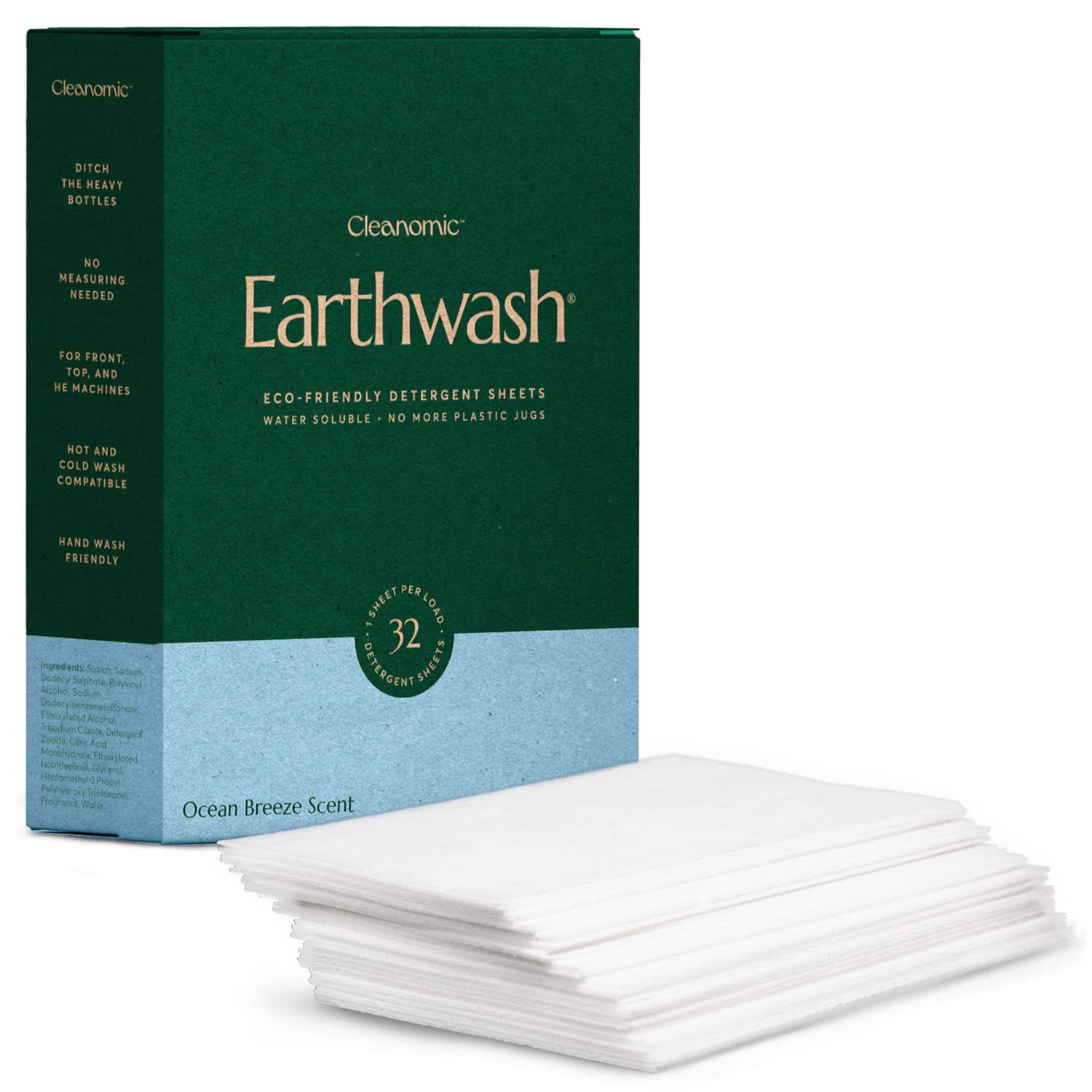 earthwash Laundry Sheets, Ocean Breeze (32 Loads), The Perfect Hypoallergenic Plastic Free Detergent Strips, Ideal for TravelHome. Biodegradable-Easy