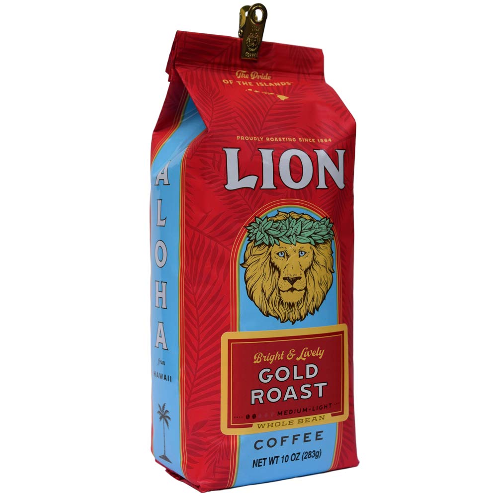 Lion Coffee Gold Roast Whole Bean Coffee, Medium-Light Roast, A Taste of Aloha - 10 Ounce Bag