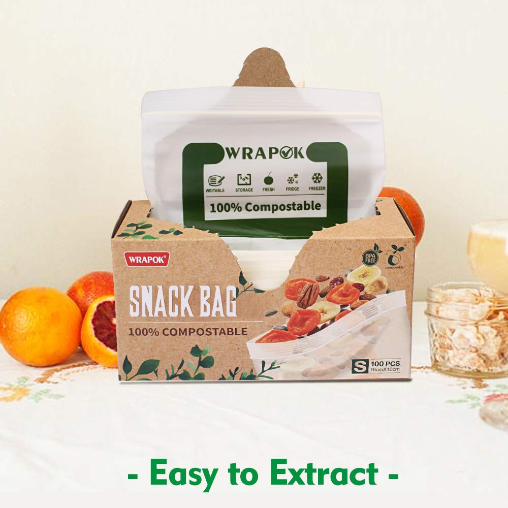 WRAPOK 100% Compostable Snack Bags Small Biodegradable Freezer Sandwich Storage Bag for Cookies Biscuits, 100 Count - 6.3 x 3.9 Inch