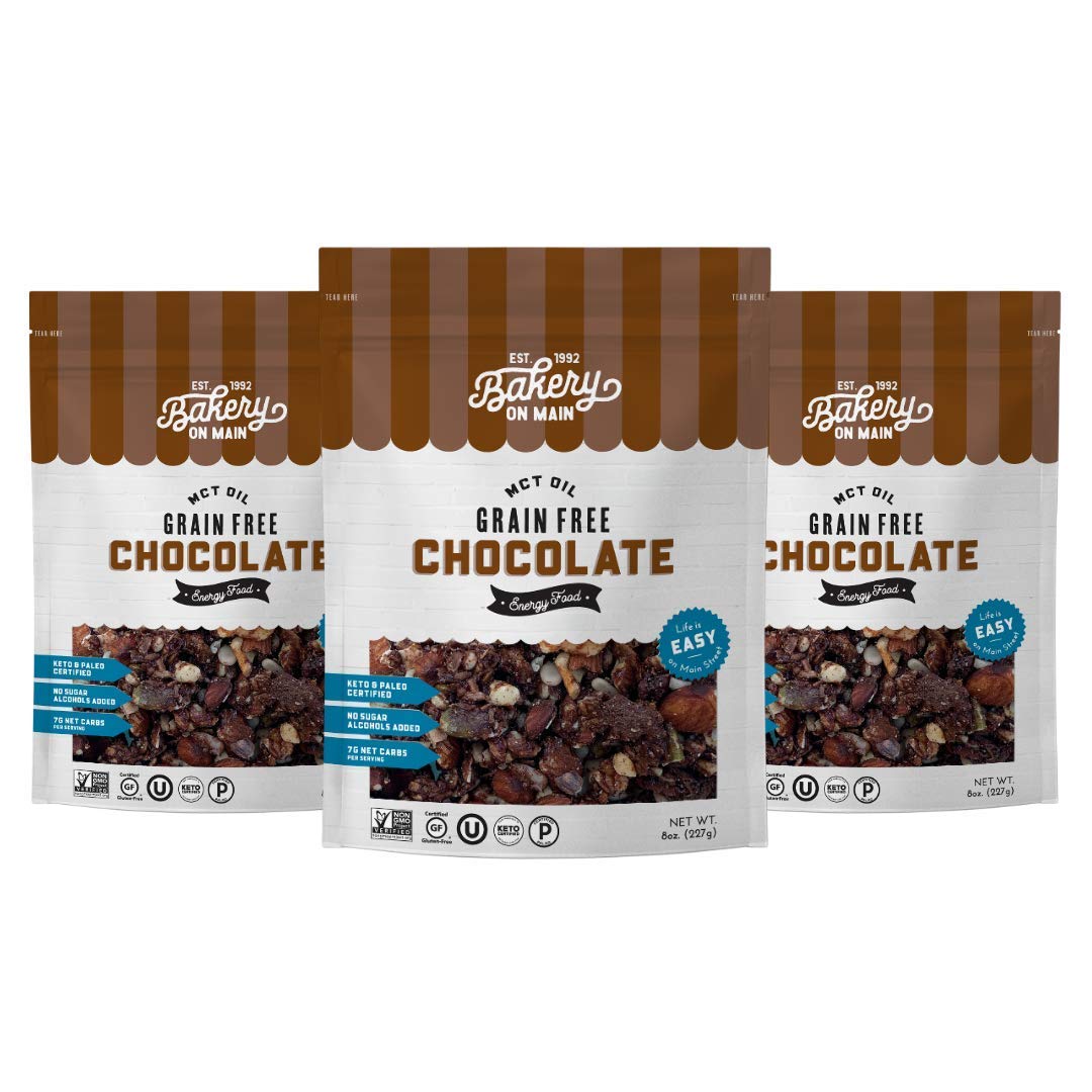 Bakery On Main, Grain-Free Granola + Baked With MCT Oil, Paleo + Keto Certified - Gluten-Free & Non GMO, Ketogenic Snack - Chocolate, 8oz (Pack of 3)