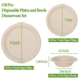 150 Pcs Disposable Paper Plates and Bowls Bulk, 50 Pack Compostable Paper Plates and Bowls Dinnerware Set, Include 7 Inch & 9 Inch Plate, 12 Oz