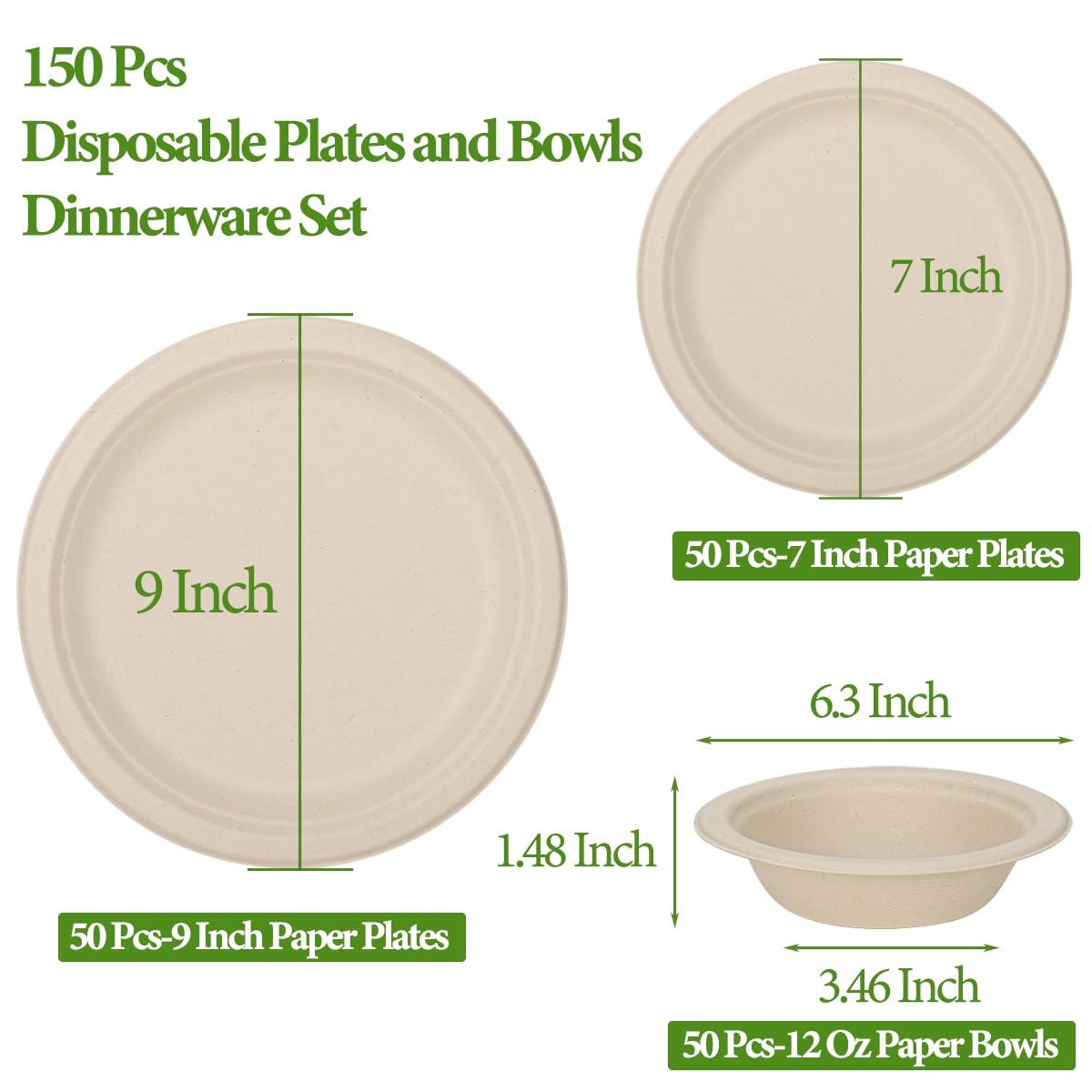 150 Pcs Disposable Paper Plates and Bowls Bulk, 50 Pack Compostable Paper Plates and Bowls Dinnerware Set, Include 7 Inch & 9 Inch Plate, 12 Oz