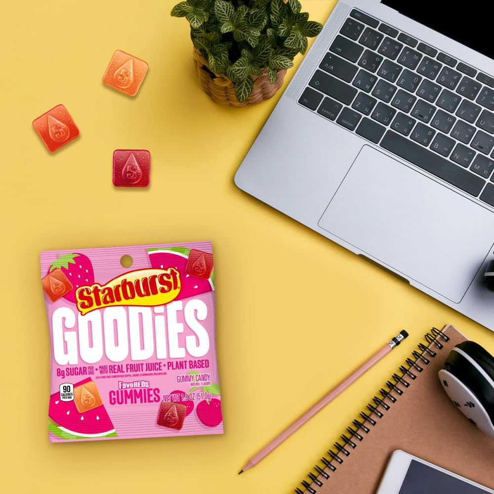 STARBURST GOODIES FaveREDS Plant-Based Low Sugar Candy Fruit Gummy Candies, 1.8 Oz Bags